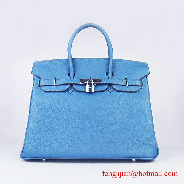 Hermes 35cm Embossed Veins Leather Bag Bule 6089 Silver Hardware